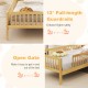 Twin size kids Montessori bed with house-shaped headboard, full-length guardrails, and built-in storage shelf for.