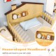House-shaped headboard twin size kids bed in natural pine wood with built-in storage shelf for toys and books.