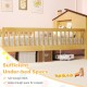 Twin size kids Montessori bed with house-shaped headboard and under-bed storage space for toys and easy cleaning.