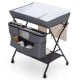 Portable adjustable height baby changing table in gray with storage pockets and wheels for easy mobility and.