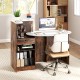 Modern reception desk with oval tabletop in rustic brown, featuring adjustable shelves and lockable storage drawer.