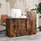 Modern reception desk in rustic brown with oval tabletop and lockable drawer, ideal for versatile office storage.