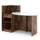 Modern reception desk in rustic brown with oval tabletop, corner shelf, and lockable drawer for versatile storage.