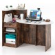 Rustic brown modern reception desk with spacious oval tabletop, lockable drawer, and corner shelf for organized storage.