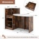Modern reception desk with oval tabletop and rustic brown finish, featuring adjustable shelves and a lockable drawer.