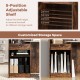 Adjustable shelf with three height options on the rustic brown reception desk for customized storage solutions.