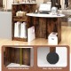 Modern reception desk in rustic brown with oval tabletop, adjustable shelves, and lockable drawer for versatile storage.