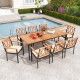 9-piece patio dining set featuring acacia wood and cushioned chairs, perfect for outdoor gatherings by the pool.