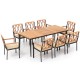 9-piece patio dining set featuring acacia wood and cushioned chairs, designed for outdoor gatherings with an umbrella.