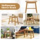Teak wood shower stool with curved seat, slatted design, and sturdy H-shaped support for bathroom or poolside use.