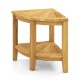 Teak wood corner shower bench with two-tier storage shelf, slatted surface for drainage, perfect for bathroom.