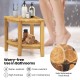 Teak wood shower bench with storage shelf, crack-resistant, water-resistant, ideal for bathroom essentials and corner.