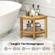 Teak wood shower bench with large 2-tier storage shelf, designed for bathroom essentials and effective drainage.
