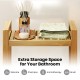 Teak wood shower bench showcasing extra storage space with towels and skincare items, ideal for bathroom organization.