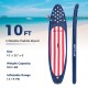 10 ft inflatable paddle board with American flag design, removable fin, and backpack for easy transport and storage.