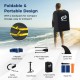 Inflatable paddle board with removable fin, adjustable aluminum paddle, and portable backpack for easy transport.