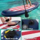 Inflatable paddle board with American flag design, anti-slip EVA pad, and safety ankle leash for secure paddling.