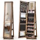 360° swivel jewelry armoire in rustic brown with full-length mirror and organized storage for jewelry and cosmetics.