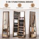 360° swivel jewelry armoire in rustic brown featuring a full-length mirror, jewelry cabinet, and storage shelves for.