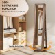 360° swivel jewelry armoire in rustic brown with full-length mirror, back shelves, and ample storage for jewelry.