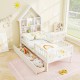 Twin size house bed with storage headboard, featuring open compartments and slide-out drawers for kids' room.