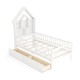 Twin size house bed with storage headboard, white pine wood frame, features drawers and open compartments for kids'.