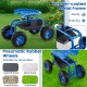 4-wheel rolling garden cart in blue with pneumatic rubber wheels, adjustable seat, and tool storage for versatile use.