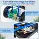 Rolling garden cart with blue frame, large tool tray, and storage basket for easy access to gardening supplies.