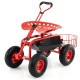 Heavy duty red garden cart with tool tray, 360 swivel seat, and large rubber wheels for easy mobility and comfort.