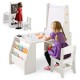 Kids art table and chair set in grey with easel, whiteboard, and chalkboard for creative drawing and reading activities.