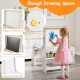 Kids art table and chair set with adjustable whiteboard and chalkboard, featuring ample storage for books and toys.