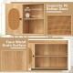 Over the toilet storage cabinet featuring a PE rattan door, open shelves, and a natural faux wood grain surface.