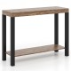 Rustic brown 2-tier home bar table with open shelves, handcrafted cashew wood frame for kitchen or living room use.