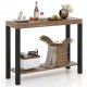Rustic brown 2-tier home bar table with open shelves, ideal for kitchen or living room storage and decor.