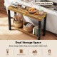 Rustic brown 2-tier home bar table with open shelves, featuring an extra-long tabletop for versatile indoor use.