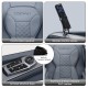 Close-up of the Relaxation 29 massage chair's remote control holder and premium PVC leather for comfortable use.