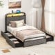 Twin size bed frame with LED lights, charging station, and fabric storage drawers for organized bedroom space.
