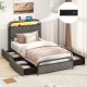 Twin size bed frame with LED lights, charging station, and fabric storage drawers for a clutter-free bedroom.