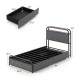 Twin size bed frame with LED lights, storage drawers, and upholstered headboard for modern bedroom organization.