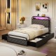 Twin size bed frame with LED lights, fabric storage drawers, and upholstered headboard for modern bedroom organization.
