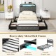 Twin size bed frame with LED lights, charging station, and 4 fabric storage drawers for organized bedroom space.