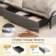 Twin size bed frame with 4 fabric storage drawers and smooth rolling casters for organized bedroom space.
