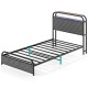 Twin size bed frame with LED lights, integrated charging station, and upholstered headboard for modern bedroom decor.