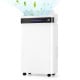 White 4500 Sq. Ft dehumidifier with LED display, 4 wheels, and 3-color humidity indicator for efficient moisture.