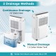 Dehumidifier with 1.5-gallon water tank and 12" drain hose, featuring manual and continuous drainage options.