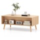 Mid-century modern rattan coffee table with two storage drawers and open compartment, perfect for stylish living room.