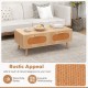 Mid-century modern rattan coffee table with two storage drawers, showcasing natural wood pulp rattan for elegant decor.