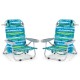Two foldable beach chairs with adjustable backrests in green and blue, featuring cup holders and storage pockets for.