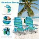 Foldable beach chairs with adjustable backrests, storage pockets, and cup holders, perfect for beach or poolside.