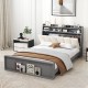 Full size bed frame with ergonomic upholstered headboard, open shelves, and hidden storage for modern bedroom decor.